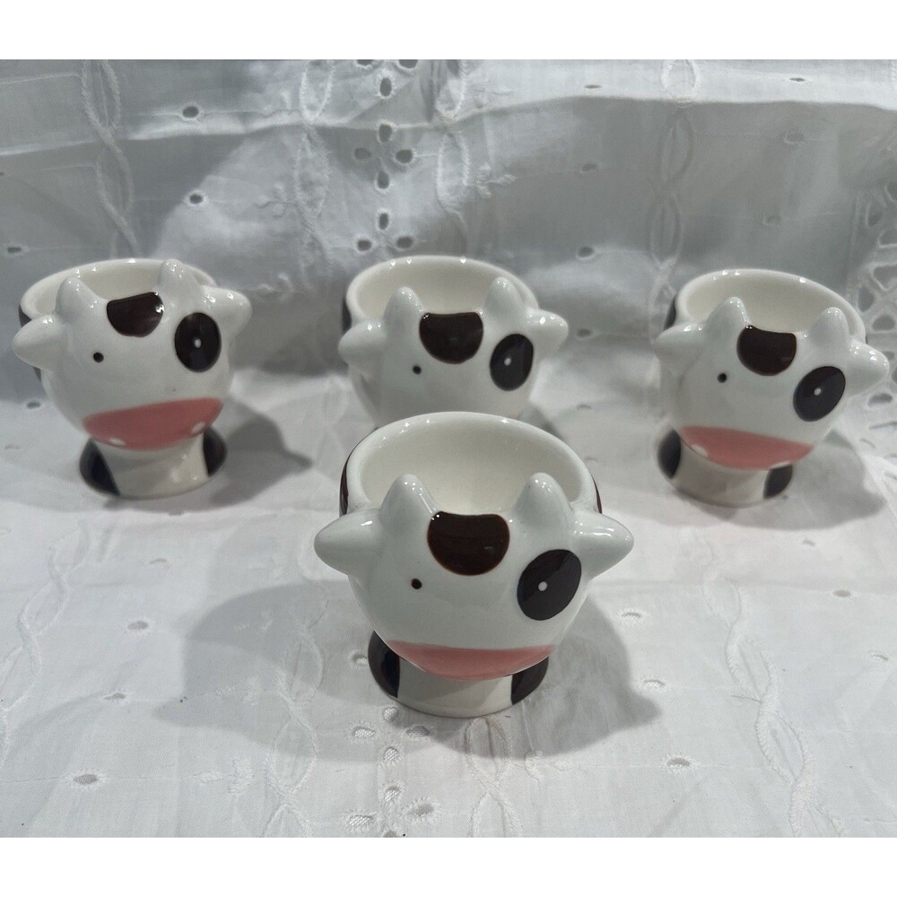 4- Egg Cup Ceramic COW Figurine Lovely Thai Vintage Kitchenware Collect